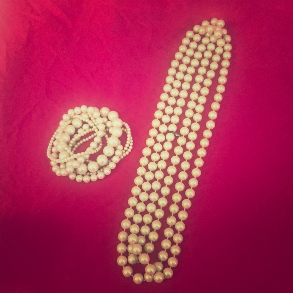 72 inch Faux Pearl Necklace and Bracelet Set